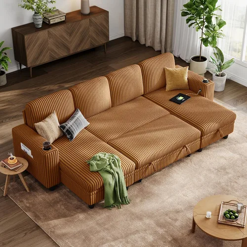 Vista 29 de LINSY HOME Sofá cama seccional con sofá cama extraíble para sala de estar (azul) Plush Corduroy