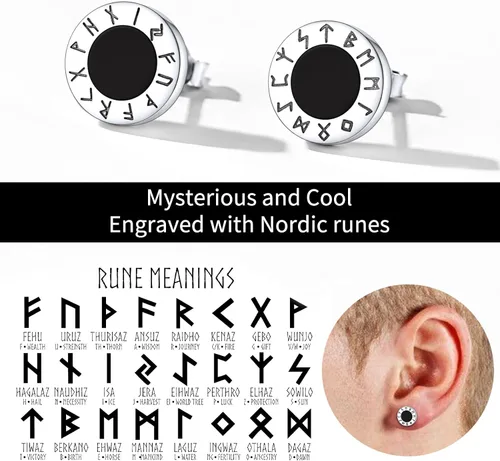Vista 7 de ChicSilver Pendientes de tuerca de plata de ley 925 con runa vikinga de ónix negro natural para mujeres y hombres