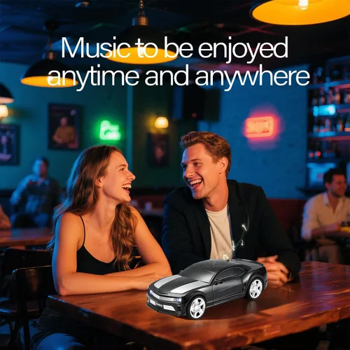 Vista 5 de WSTER Altavoz Bluetooth modelo de coche deportivo con sonido estéreo, emparejamiento TWS, luces LED de fiesta, reproducción USB/TF, ruedas móviles