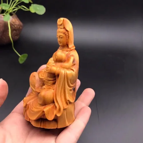 Vista 6 de Mini estatua de Quan Yin decoración de oficina en casa, estatua de Buda femenina Kuan Yin con estatua de bebé, decoración zen de jardín de la diosa
