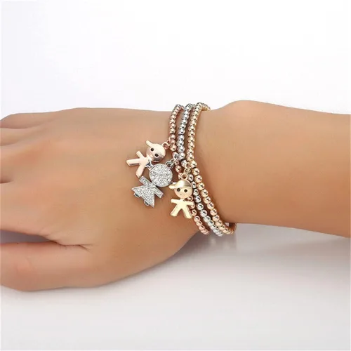 Vista 3 de Pulseras multicapa con dijes de cristal, 3 unidades, oro y plata, oro rosa, pulsera elástica en forma de corazón para mujer, árbol de la vida