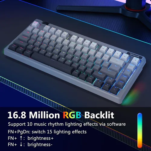 Vista 5 de Redragon Teclado mecánico inalámbrico, Bluetooth/2.4GHz/USB-C con cable, 75% teclado para juegos personalizado intercambiable en caliente