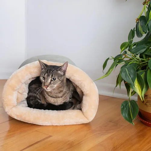 Vista 5 de Cama estilo cueva para gatos y perros pequeños de Armarkat, Tonos café