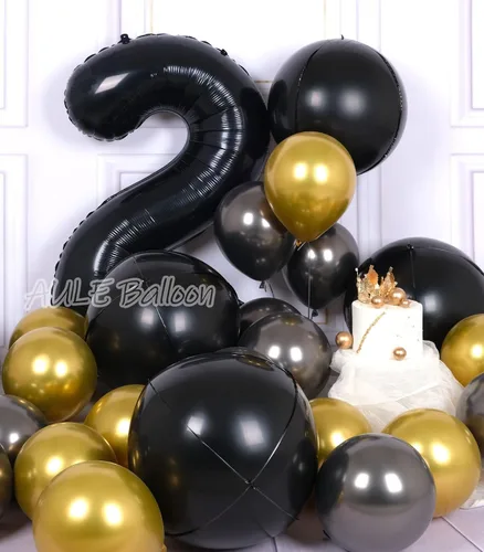 Vista 3 de AULE Decoraciones de globos negros para fiesta, paquete de 6, globos negros metálicos 4D gigantes de 22 pulgadas, globos redondos grandes de Mylar