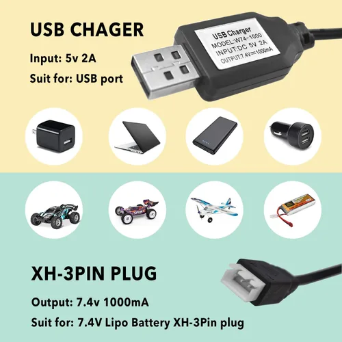 Vista 7 de Cable cargador USB con conector XH-3P para coche SCX24 RC, coche de control remoto Holyton, 2S 7.4V LiPo batería RC coche, Rock Crawler FPV Drone