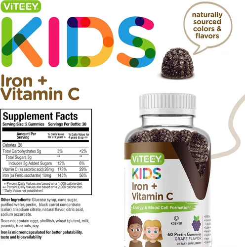 Vista 4 de Viteey - Hierro para niños con vitamina C, sabrosa gomita masticable con sabor a uva Supports Energy, Blood Cell Formulation, Blood Builder Anemia