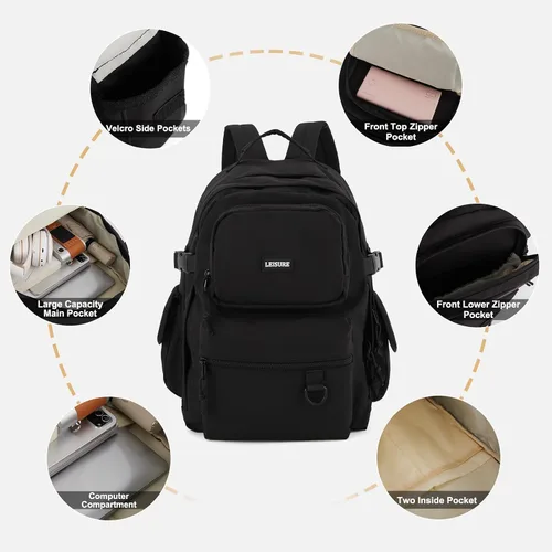 Vista 6 de Mochila escolar para adolescentes, niñas, niños, linda mochila de moda, mochila universitaria ligera, A-Negro, Mochila de viaje College
