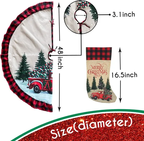 Vista 5 de ORTIGIA Falda de Árbol de Navidad de Camión de 48 Pulgadas Cuadros Búfalo Rojo Negro Falda de Árbol de Navidad Cuello Borde con Volantes para Granja