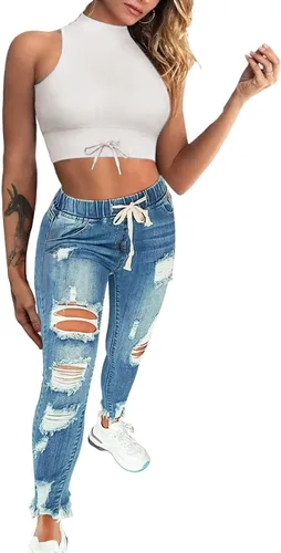 Vista 2 de BIUDI FOX Jeans rasgados estilo boyfriend para mujer, cintura alta, elásticos, pantalones de mezclilla destruidos, talla grande
