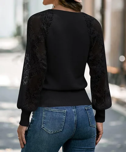 Vista 4 de ZESICA Women's 2023 Fall V Neck Lace Patchwork Solid Color Long Sleeve Casual Knit Pullover Sweater Tops