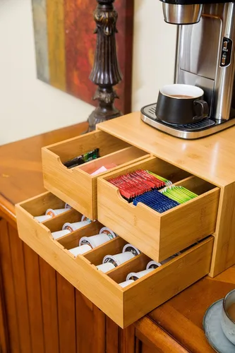 Vista 4 de Soporte extragrande de bambú para mostrador, cajón organizador de 2 niveles K-Cup