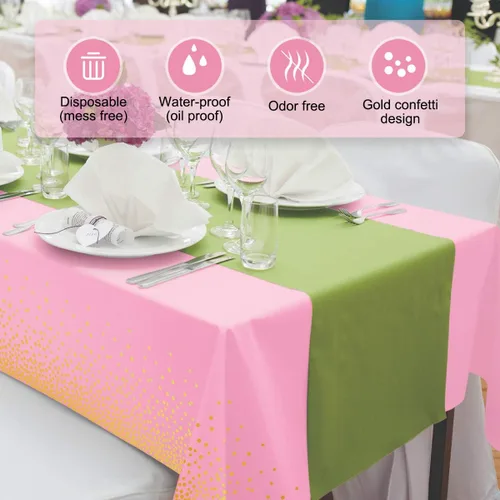 Vista 5 de HOMIX Manteles de plástico rosa y dorado para mesas rectangulares, paquete de 6 manteles desechables de fiesta, fundas de mesa de confeti de punto