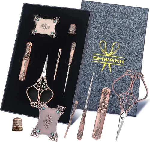 Vista 8 de SHWAKK Kit de tijeras de bordado, tijeras vintage con estilo europeo, kit de costura vintage para manualidades, costura, herramientas artesanales