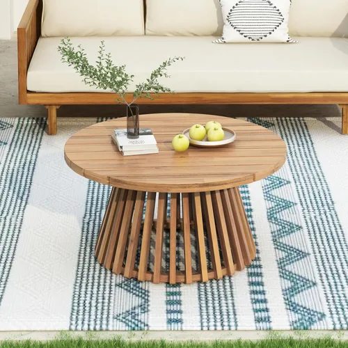 Vista 9 de Merax - Mesa de café redonda de madera de acacia para patio al aire libre, para jardín, balcón, acabado gris