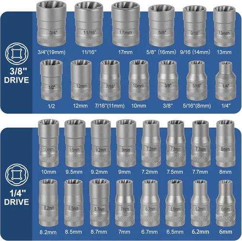 Vista 4 de Kit extractor de pernos mejorado, juego de dados extractores de pernos pelados de 32 piezas, removedor de pernos redondeados, extractor de tuercas
