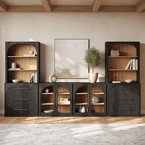 Vista 73 de BELLEZE Centro de entretenimiento modular de 4 piezas con almacenamiento, 2 vitrinas de madera moderna con gabinete arqueado y 2 armarios de puerta