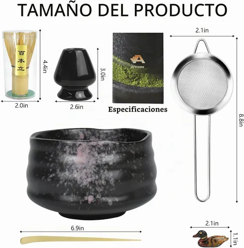 Vista 2 de Artcome Kit de ceremonia de matcha para ceremonia de té japonesa, cuenco tradicional de matcha, batidor, cuchara de té, colador de polvo matcha Negro