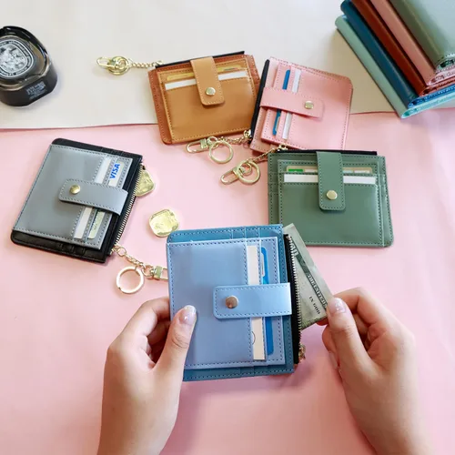 Vista 6 de Deziliao Funda delgada para tarjetas de crédito con bloqueo Rfid para mujer, cartera con cremallera, cartera pequeña y compacta de cuero