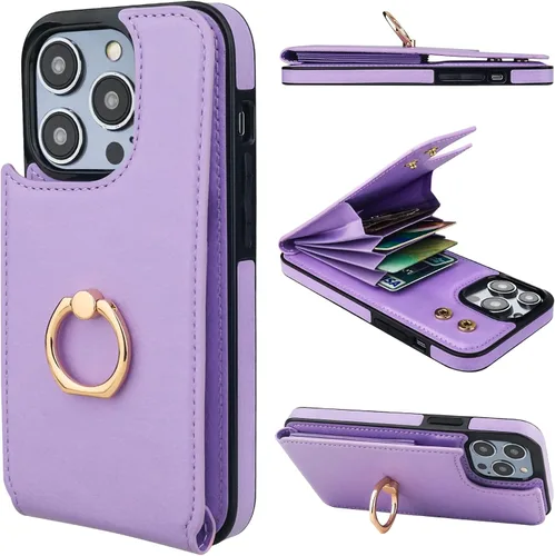 Vista 35 de Folosu Funda tipo billetera compatible con iPhone 14 con soporte para tarjetas, soporte de anillo para dedo con rotación de 360° y función atril