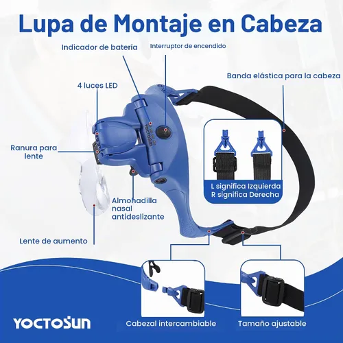 Vista 2 de YOCTOSUN - Gafas de aumento con luz, lupa de diadema manos libres con 4 luces LED y 5 lentes desmontables de 1X a 3.5X, lupa de cabeza recargable