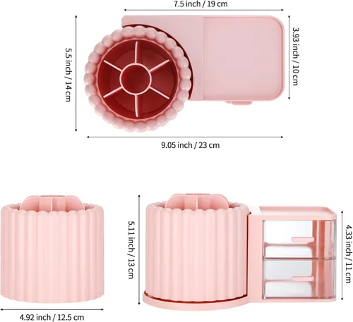 Vista 4 de Organizador de Maquillaje para Encimera, Soporte Giratorio 360° para Brochas de Maquillaje con 2 Cajones, Pequeño Organizador Preppy 9.25x5.11