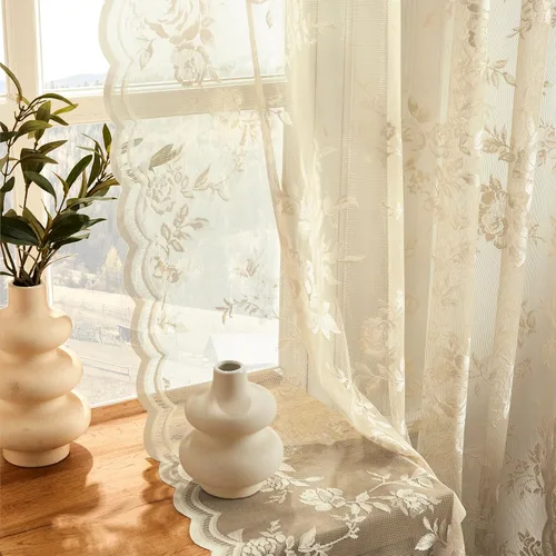 Vista 4 de Cortinas de encaje beige, juego de 2 paneles de cortinas traslúcidas con bolsillo para cortinero, decoración de ventana pequeña, baño, sótano