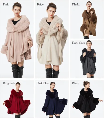 Vista 7 de Poncho de capa para mujer con ribete de piel, chal de piel sintética de invierno, abrigo sin mangas