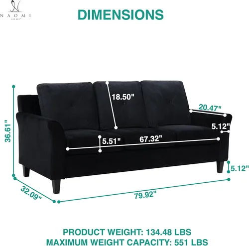 Vista 2 de Naomi Home Raelynn - Sofá de microfibra con botones, color negro Sofá de microfibra con botones de mediados de siglo con marco de madera dura