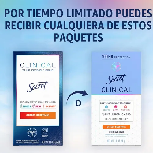 Vista 9 de Secret Clinical Strength 100HR - Desodorante antitranspirante sólido invisible para mujeres, protección contra el estrés con ácido hialurónico, pH