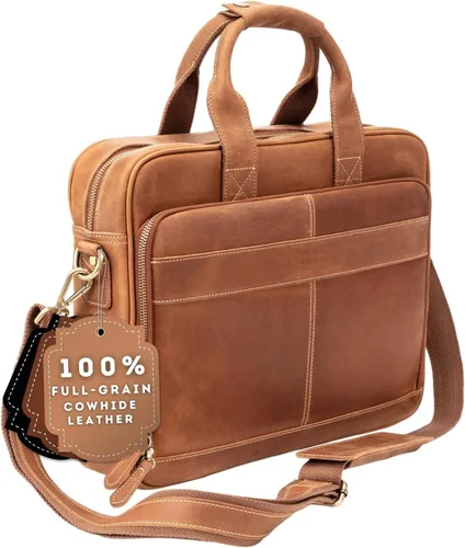 Vista 9 de Luxorro Maletín de cuero de grano completo para hombre, bolsa para laptop con compartimento de cuero para computadora