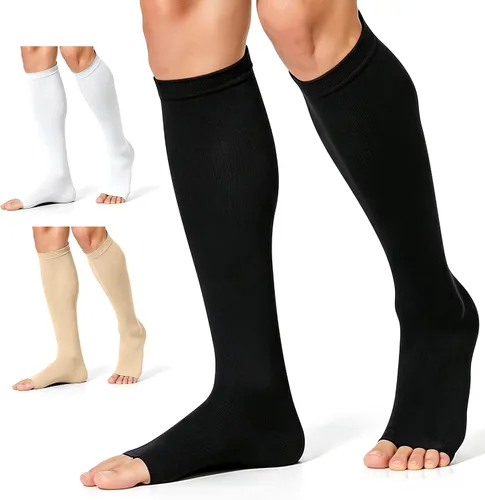 Vista 12 de CHARMKING 3 pares de calcetines de compresión de punta abierta para mujeres y hombres, circulación de 15-20 mmHg es el mejor apoyo para uso durante