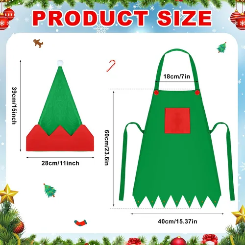 Vista 2 de Handepo - Conjunto de delantal y gorro de elfo navideño para niños, sombreros de Papá Noel para niños, suministros de fiesta navideña para niños