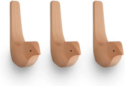 Vista 3 de Ganchos de pared de pájaros de grano de madera, ganchos para colgar en la pared, paquete de 3