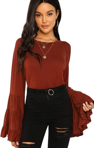 Vista 3 de Floerns Camiseta informal de manga larga con volantes y acampanados para mujer