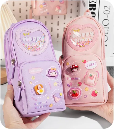 Vista 7 de Estuche de cartón lindo con diseño de oso y conejito de fresa, helado, 3 capas, gran capacidad, estuche organizador de cosméticos (rosa-1)
