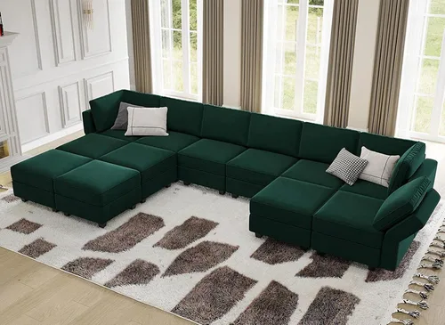 Vista 13 de Belffin Sofá modular en forma de U de gran tamaño con tumbonas dobles reversibles de terciopelo con almacenamiento, color negro