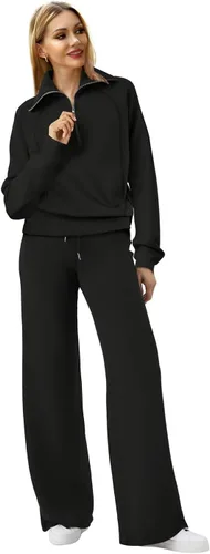 Vista 2 de XIEERDUO Conjuntos de descanso para mujer 2023 sudadera de gran tamaño con media cremallera y pantalón deportivo de pierna ancha de 2 piezas