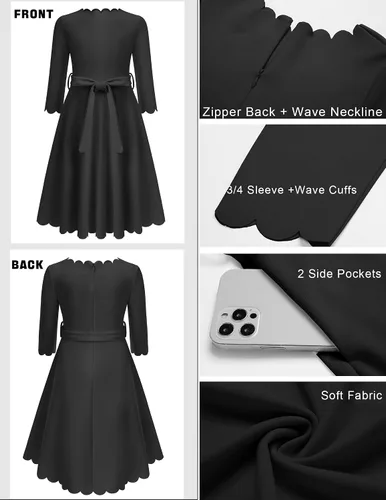 Vista 7 de Arshiner Vestido de fiesta para niñas con ribete festoneado, cinturón, acampanado, formal, por debajo de la rodilla, con bolsillos, para 6-15 años