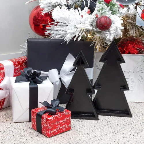 Vista 3 de AuldHome Design Bandejas de madera para árbol de Navidad (Juego anidado de 2, negro), bandejas decorativas de estilo rústico para servir en Navidad