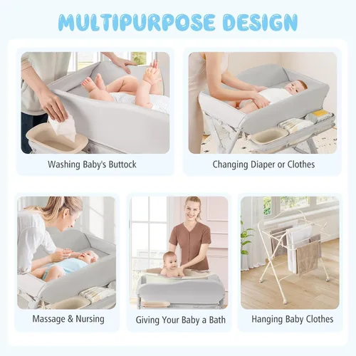 Vista 3 de BABY JOY Cambiador portátil para bebé, estación de cambio de pañales plegable con ruedas, altura ajustable, estante de almacenamiento grande, lavabo