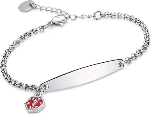Vista 47 de LinnaLove - Pulsera de identificación de alerta médica con cadena Rolo simple pregrabada para mujer