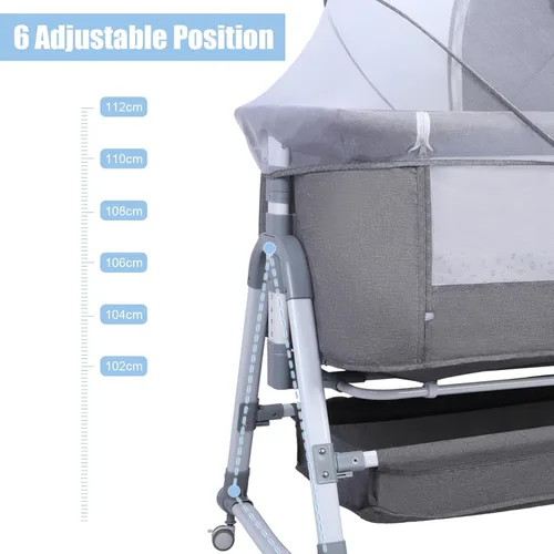 Vista 6 de 3 in 1 Bedside Sleeper Crib, Height Adjustable Co Sleeper, Movable Beside Bassinet with Curved Rocking Cradle, Lockable Wheels, Detachable Mosquito