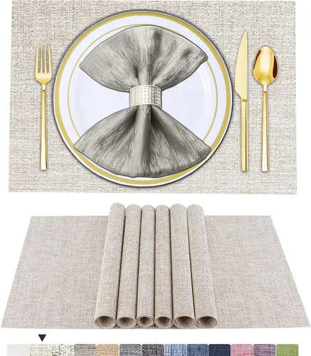 Vista 26 de BETEAM Juego de 4 manteles individuales de vinilo tejido para mesa de comedor, lavables, lavables, manteles individuales de cocina, duraderos