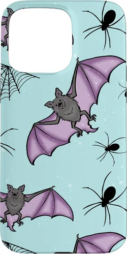 Vista 28 de iPhone 16 lindo vampiro murciélago decoración de Halloween para niñas púrpura y menta caso