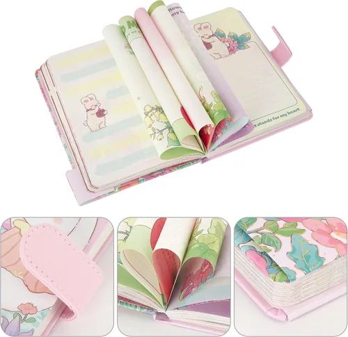 Vista 3 de Lindo cuaderno de dibujos animados kawaii, cuaderno de bocetos japonés con cubierta de cuero, cuaderno de notas, cuaderno de viaje, rosa claro