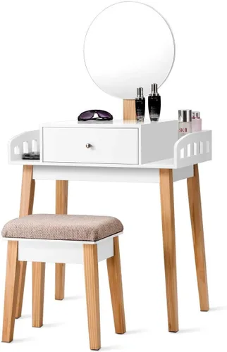 Vista 8 de GIANTEX - Juego de mesa de tocador con espejo redondo de altura ajustable, tocador con espejo de maquillaje con taburete acolchado, almacenamiento