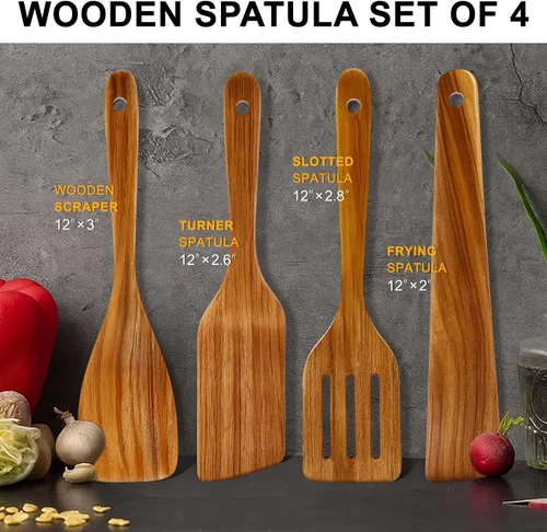 Vista 18 de Espátula de madera de acacia para cocinar cuchara no tóxica juego de 4 piezas