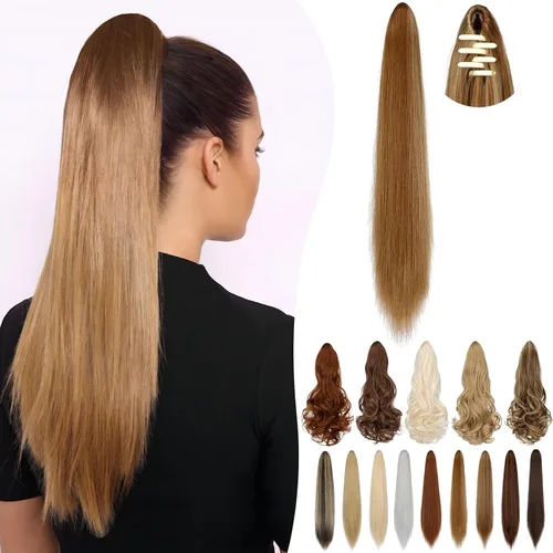 Vista 22 de Extensión de cola de caballo de 18 pulgadas, 20 pulgadas, larga, rizada, ondulada, recta, con clip, de aspecto natural, extensión de cabello