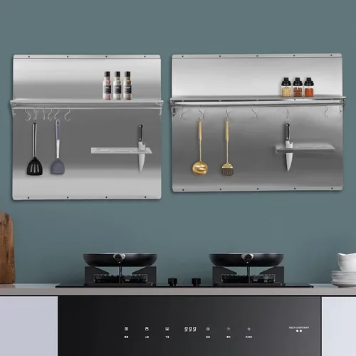 Vista 8 de Protector de pared con protector de pared de acero inoxidable para salpicaduras, con estante de almacenamiento integrado y estante colgante para uso