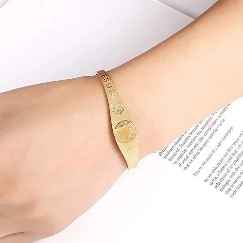 Vista 5 de Brazalete de acero inoxidable con cruz de exorcismo católica Jesús San Benito